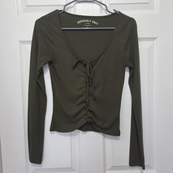 AERO Tops - AERO Seriously Soft Ribbed V neck Lace-up Cropped Olive Y2k Top Size Medium